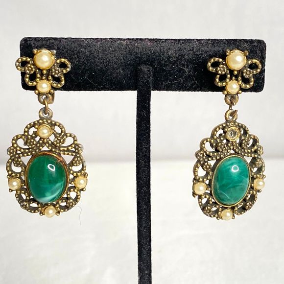 Ornate Dangle Drop Bronze Filagree Tiny Pearly Beads Central Green Stone - Picture 2 of 9